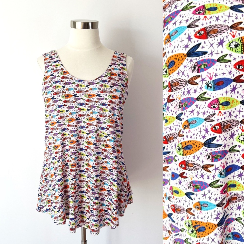 Salaam Tank Top Multicolor Novelty Fish Print Scoop Neck Rayon Blend XL